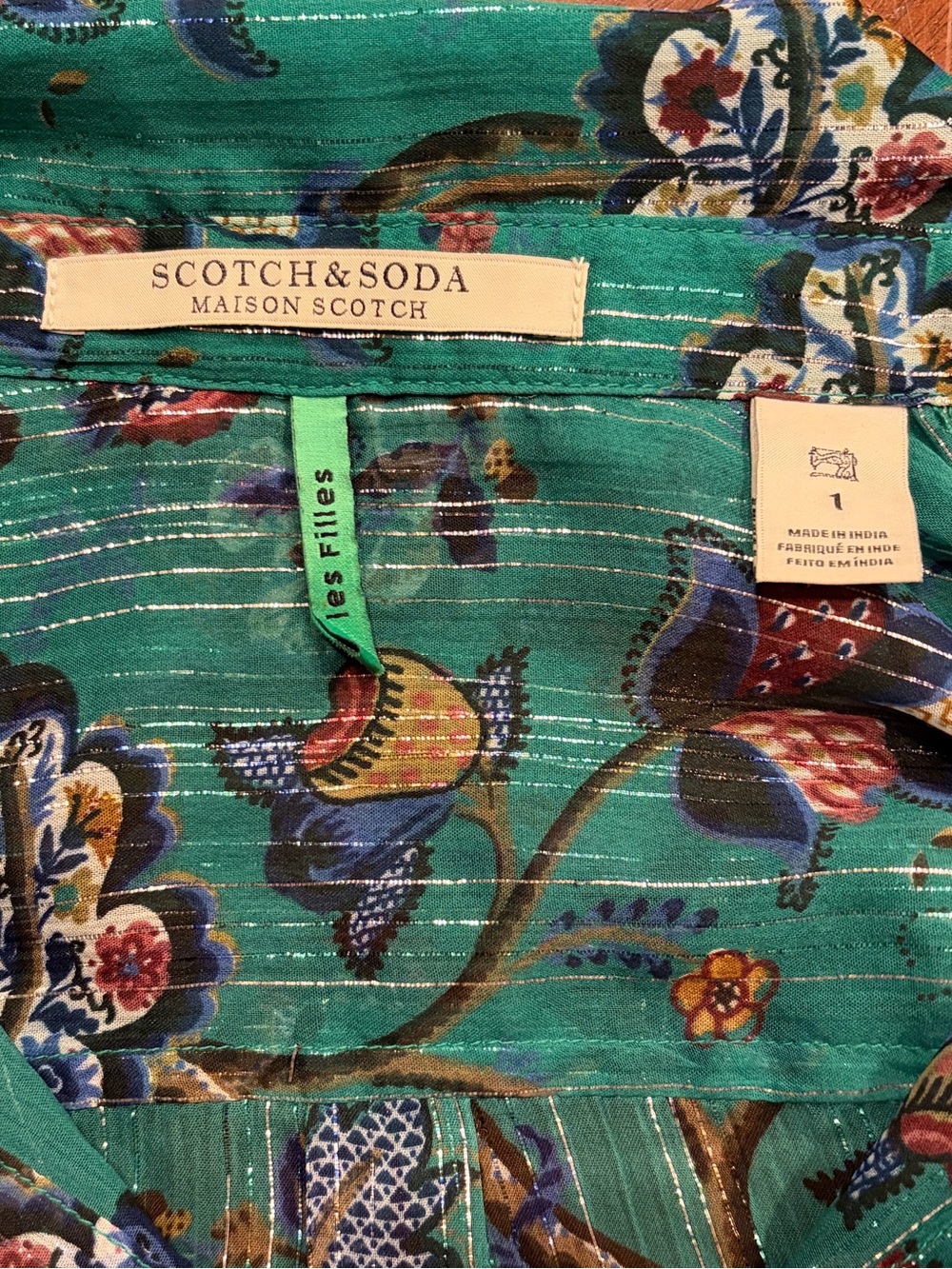 Scotch & Soda Maison Scotch Emerald Floral Sheer Metallic Blouse Size 6 - Picture 10 of 14